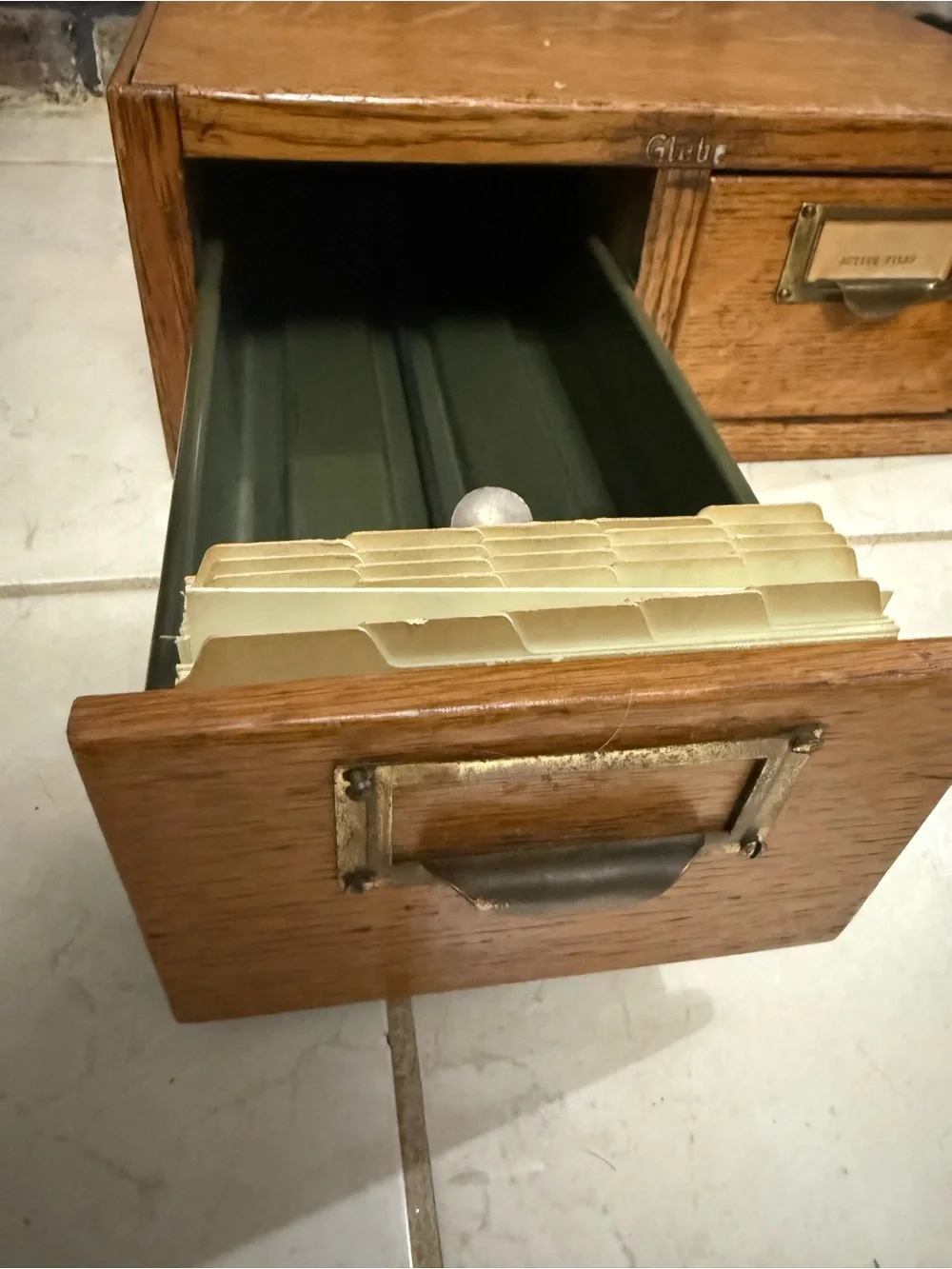 Vintage Globe Oak Desktop File Drawer Organizer - Brown with Brass Accents